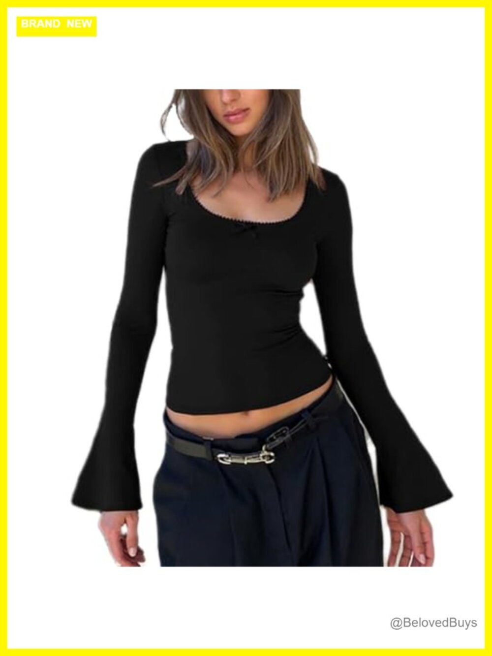 Y2K Long Bell Sleeve Square Neck Crop Blouse Lace Patchwork Slim Fit Top